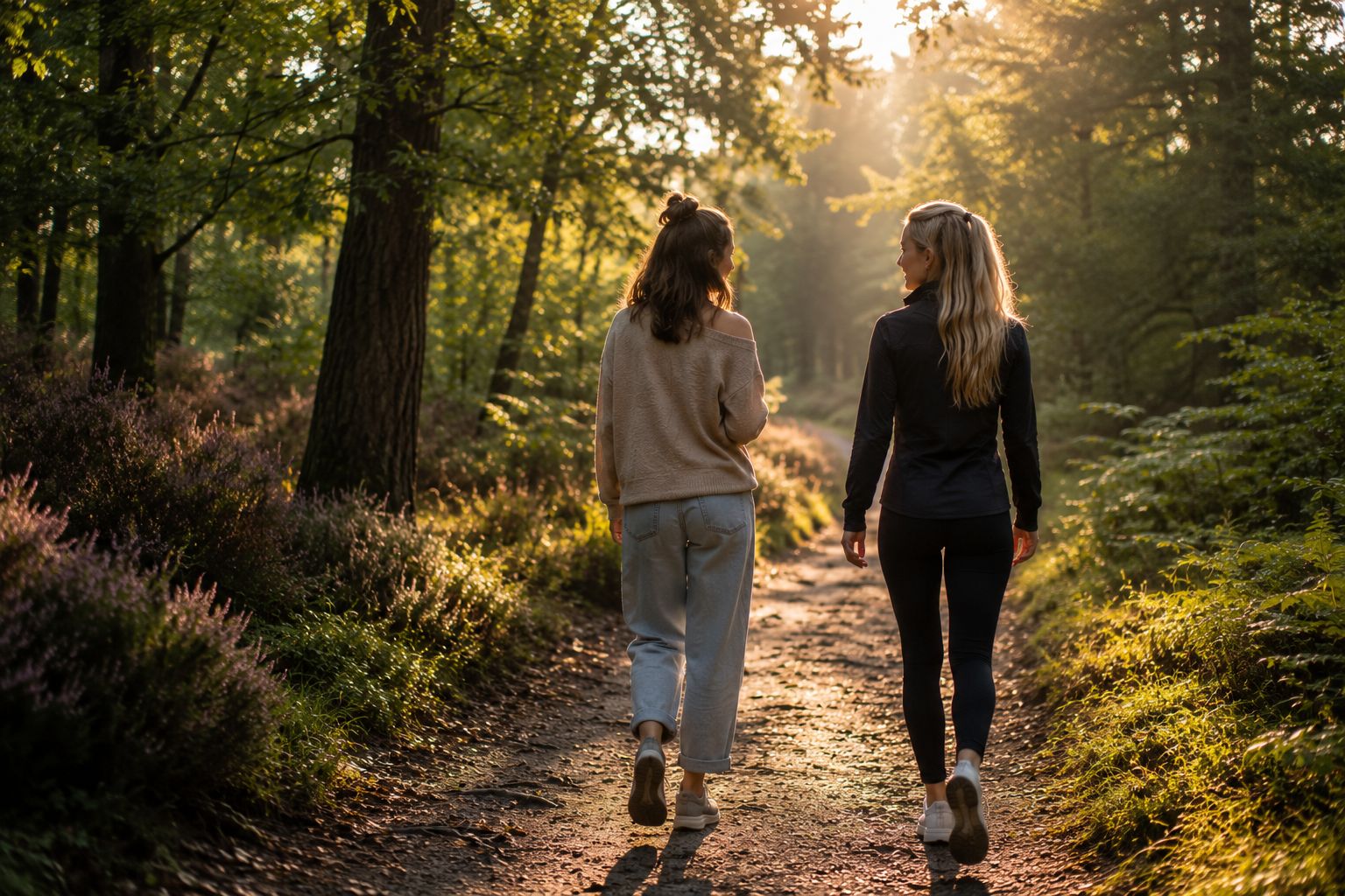 Wandelcoaching in het bos bij warm avondlicht