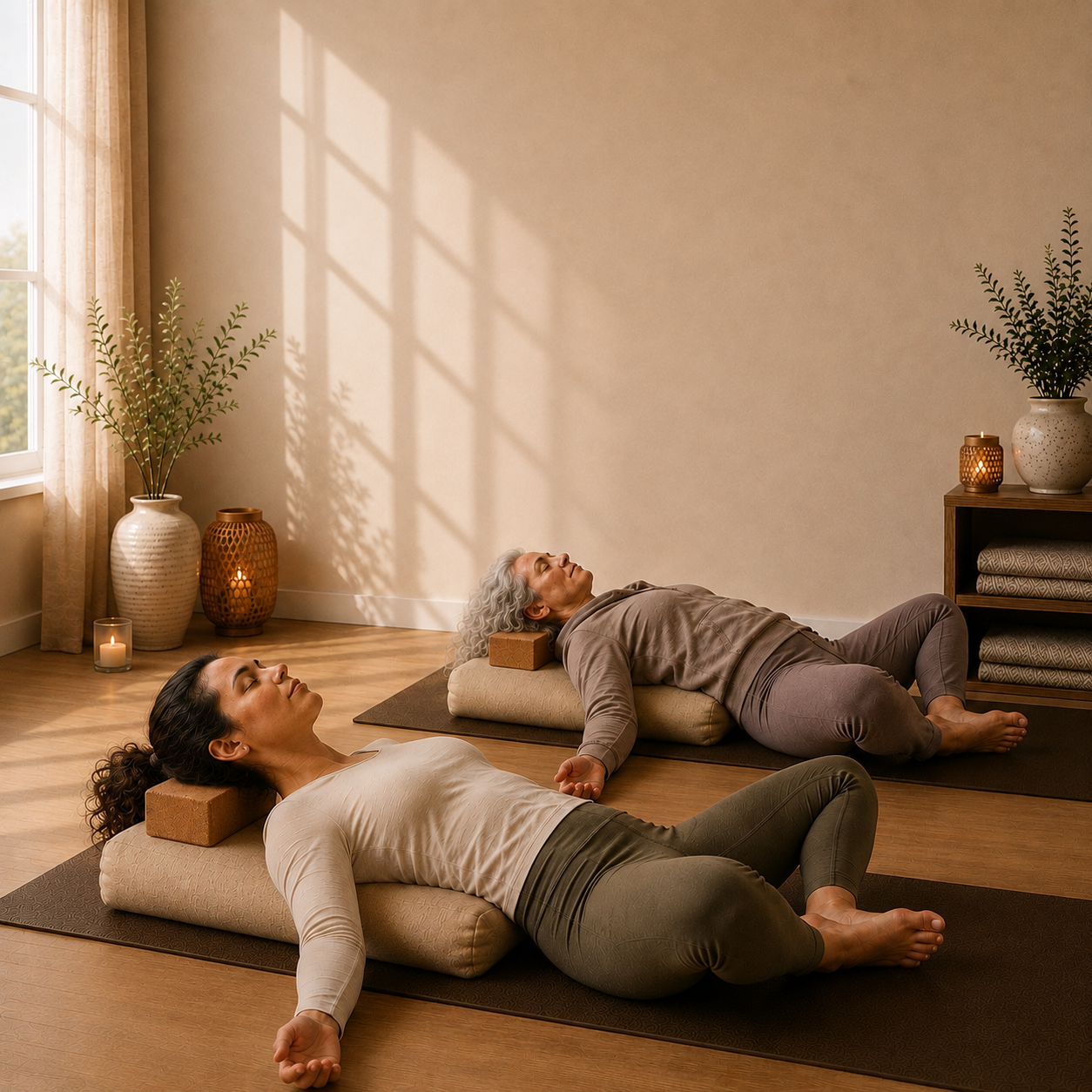 Twee deelnemers tijdens een restorative yogasessie