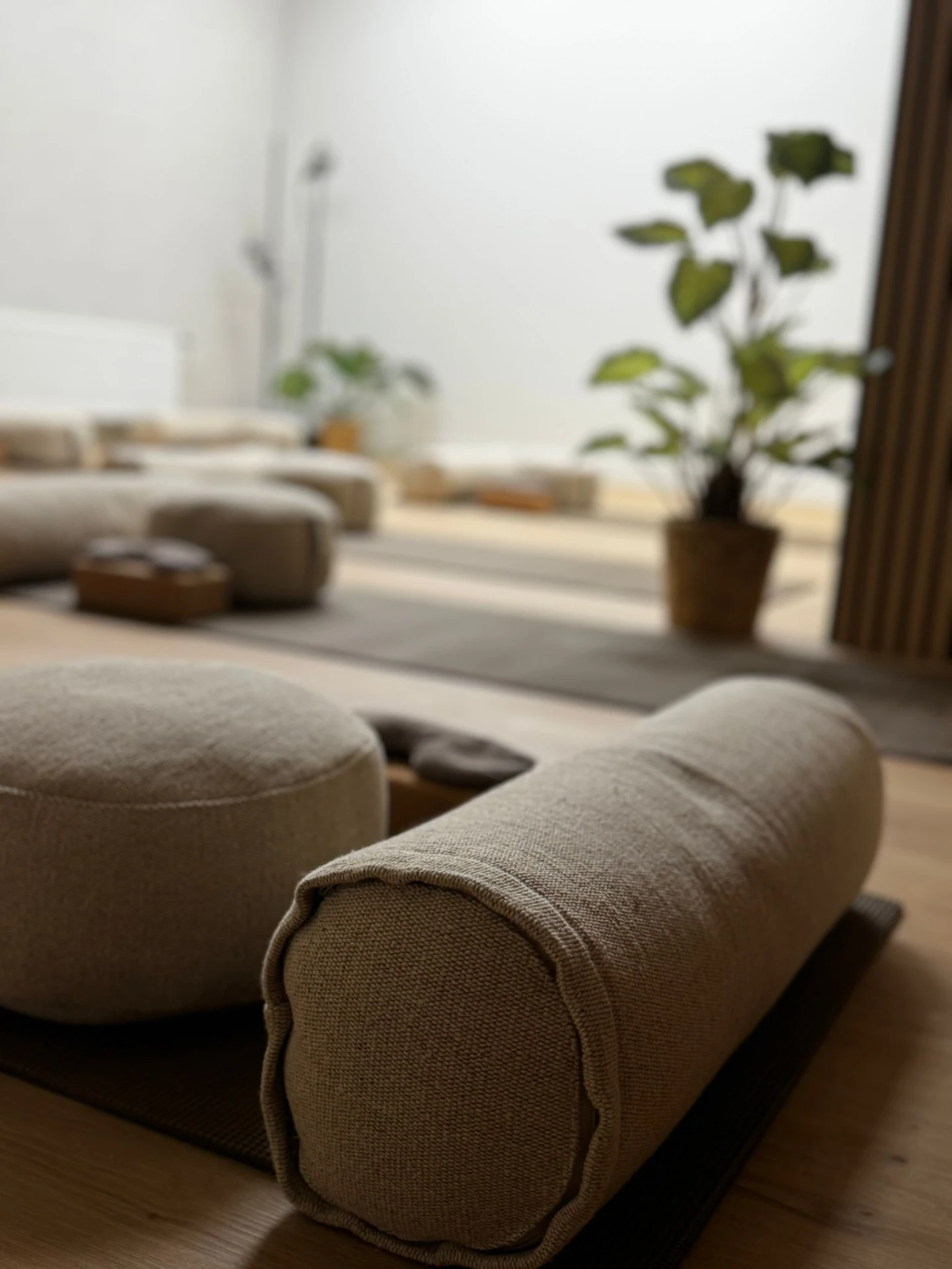 Bolster en meditatiekussen klaar voor de les