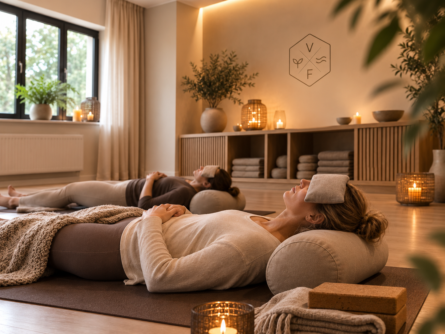 Deelnemers tijdens een rustige yogasessie in de studio van Vital Focus